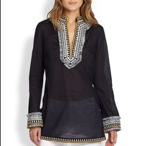 Tory Burch Navy Tunic with Embroidered Fringe